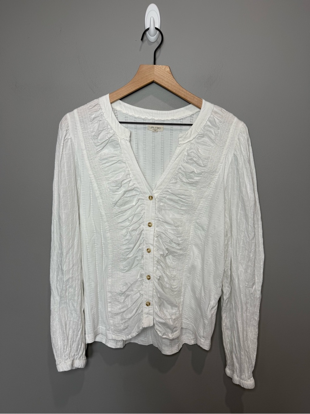 Pilcro Anthropologie‎ Ruffle Button Front Peasant Blouse White XL Cotton